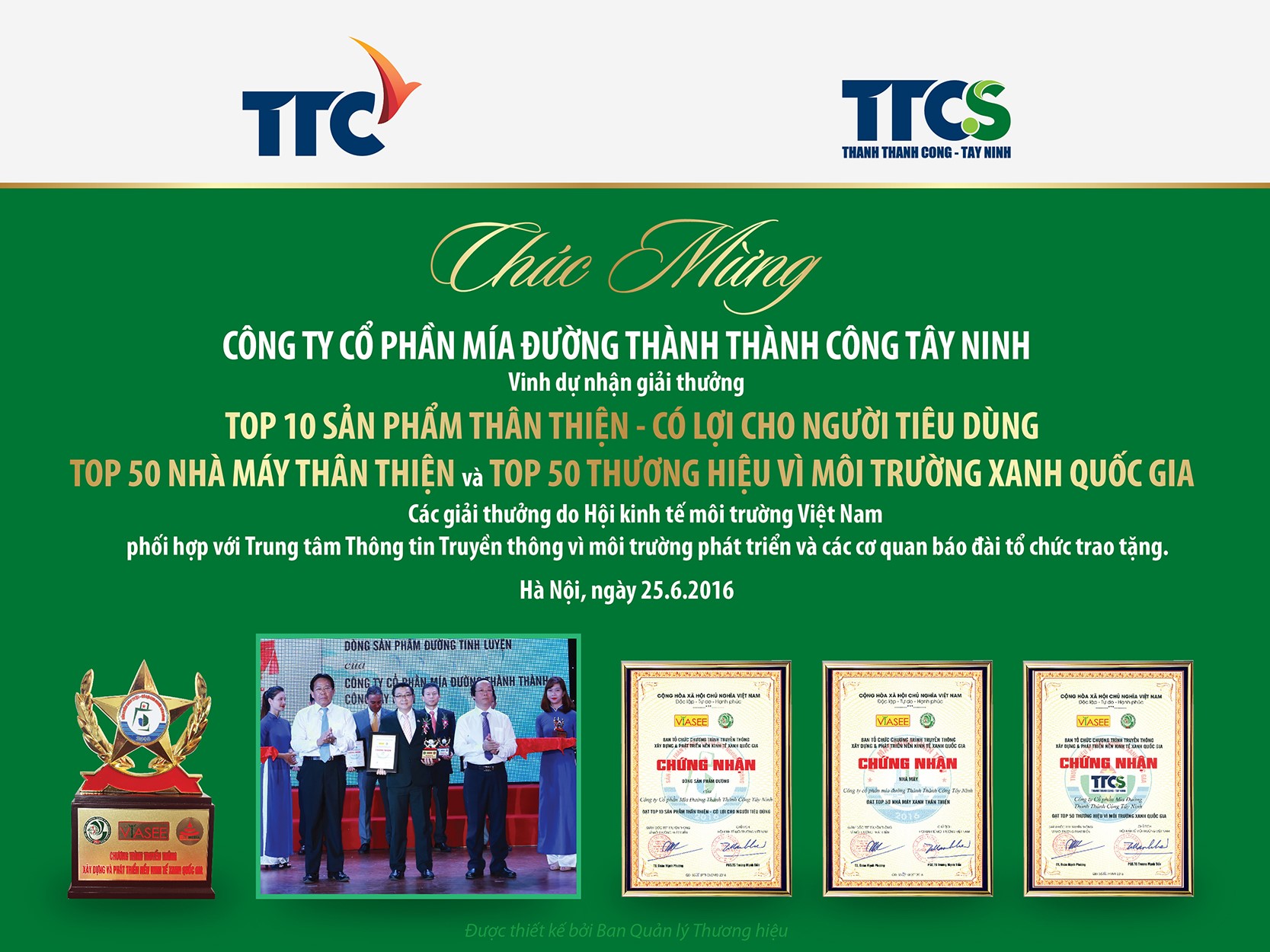 Chúc mừng BHS nhận giải thưởng Top 10 sản phẩm & Top 50 nhà máy thân thiện – Top 50 thương hiệu vì môi trường xanh Quốc gia!